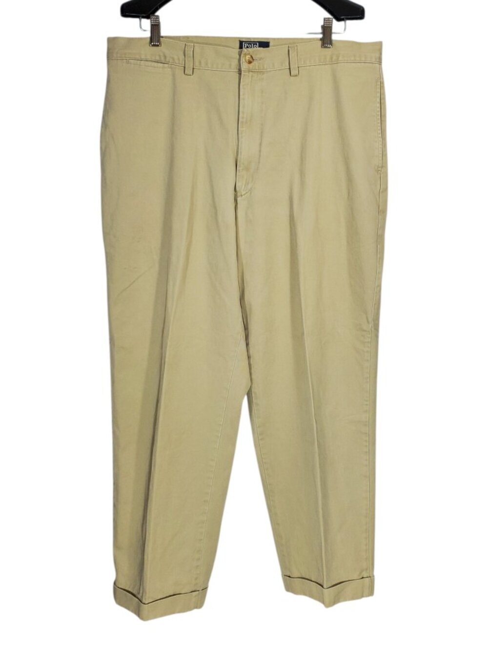 VTG Ralph Lauren Polo Chino Pants Men's 38x34 Beige Flat Front Cuffed USA Cotton
